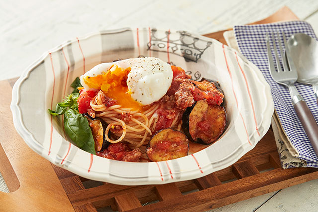 レンチン簡単茄子ミートソースパスタ