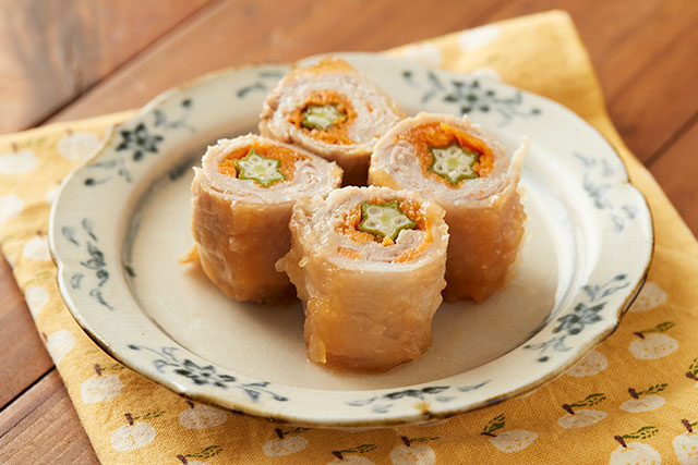 レンチンオクラと人参の豚肉くるくる